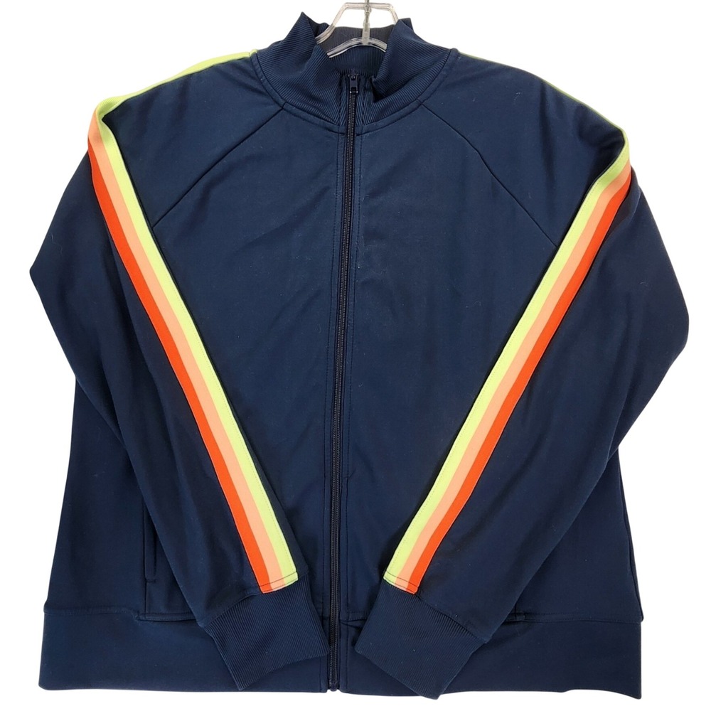 Athletic Works XL Navy Blue Track Jacket Neon Rainbow Stripe Retro Sporty Zip‎